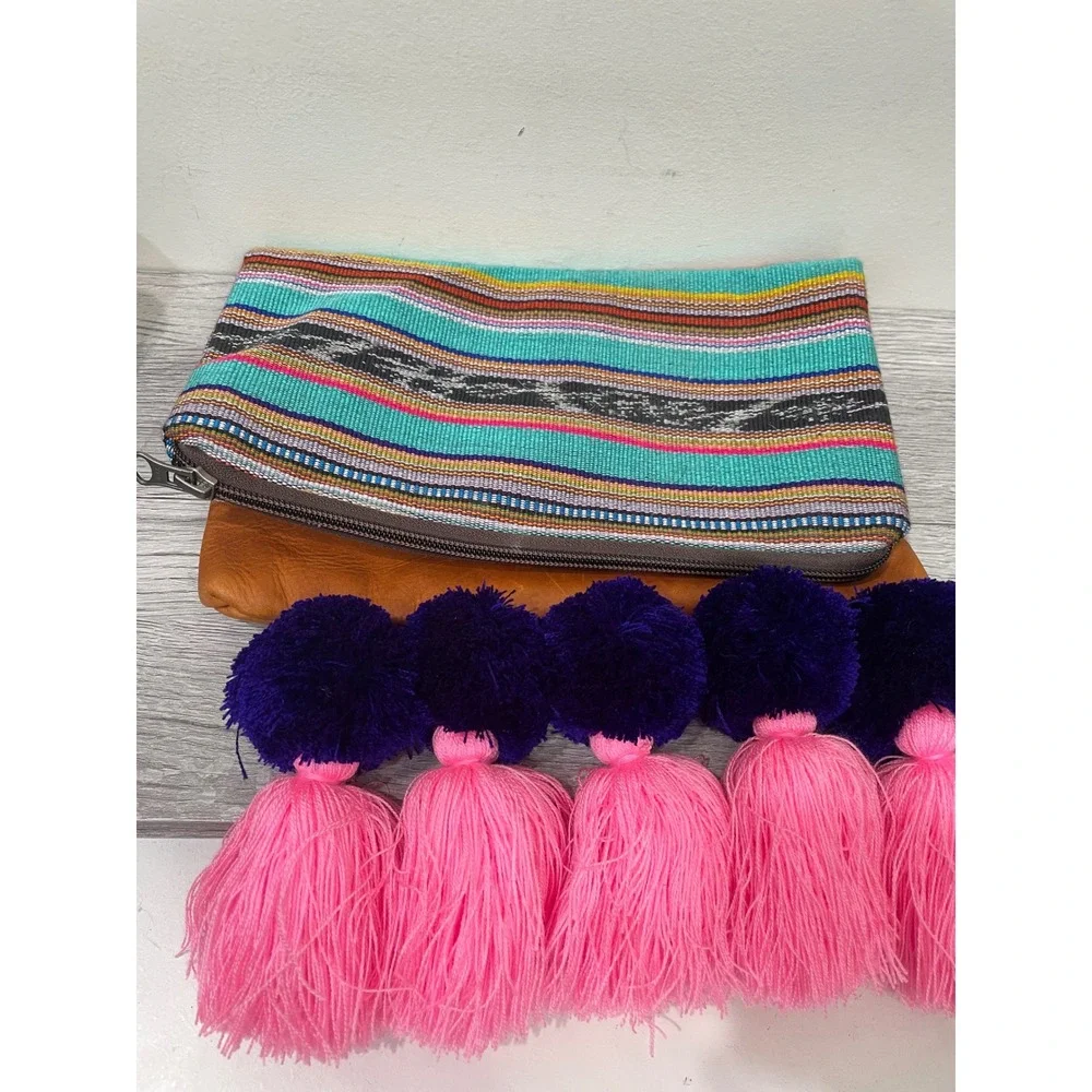 Nena & Co Leather Woven Foldover Clutch Bag with Oversized Tassels Boho Poms
